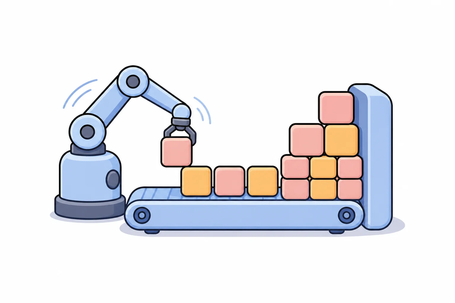 A robot arm on a conveyor belt stacking blocks that pile up higher and higher