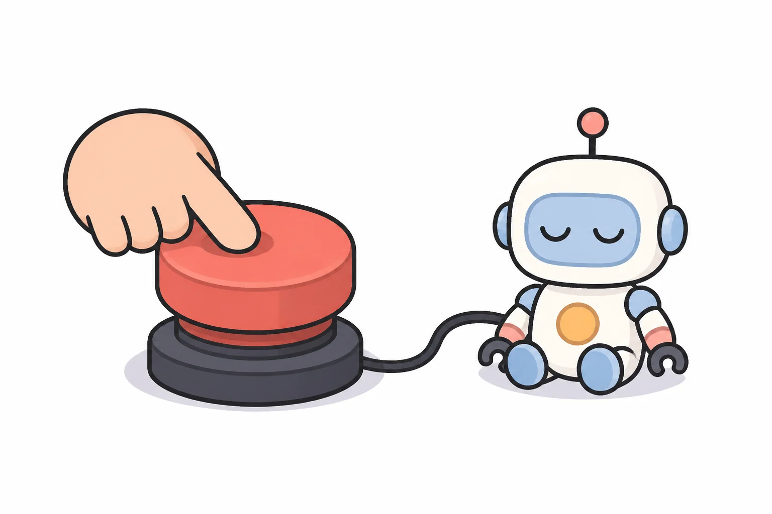 A hand pressing a large red button connected by a cable to a small robot that has powered down