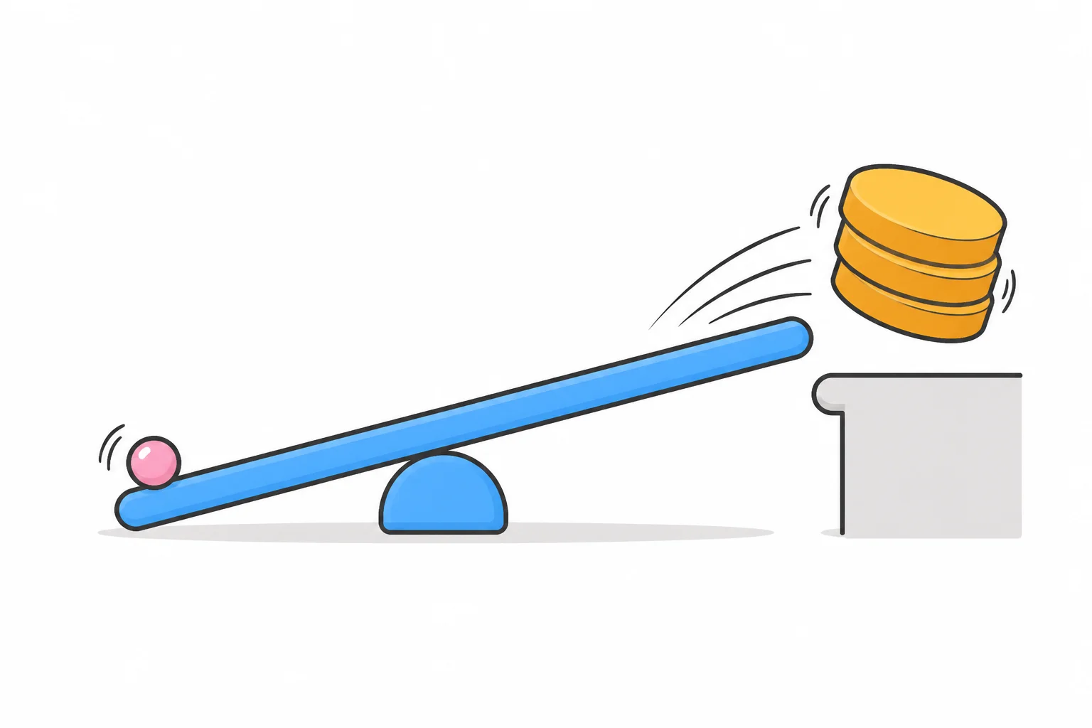 A seesaw with a small ball on one end launching a stack of coins off the edge of a table