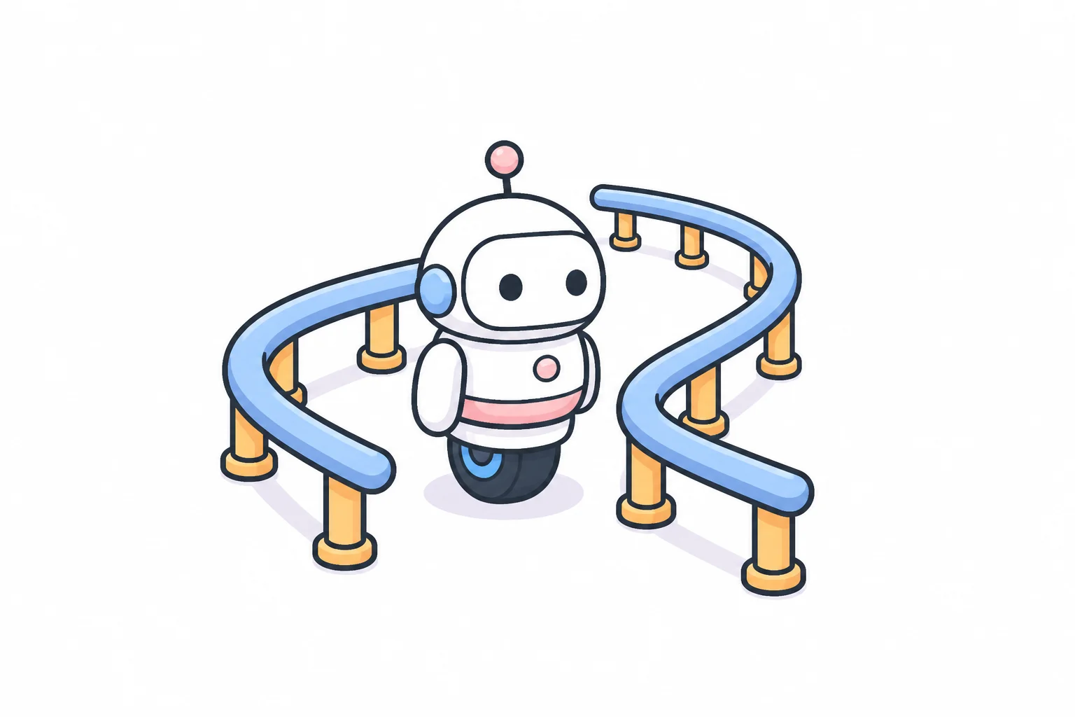 A small robot rolling along a track that has guard rails on both sides
