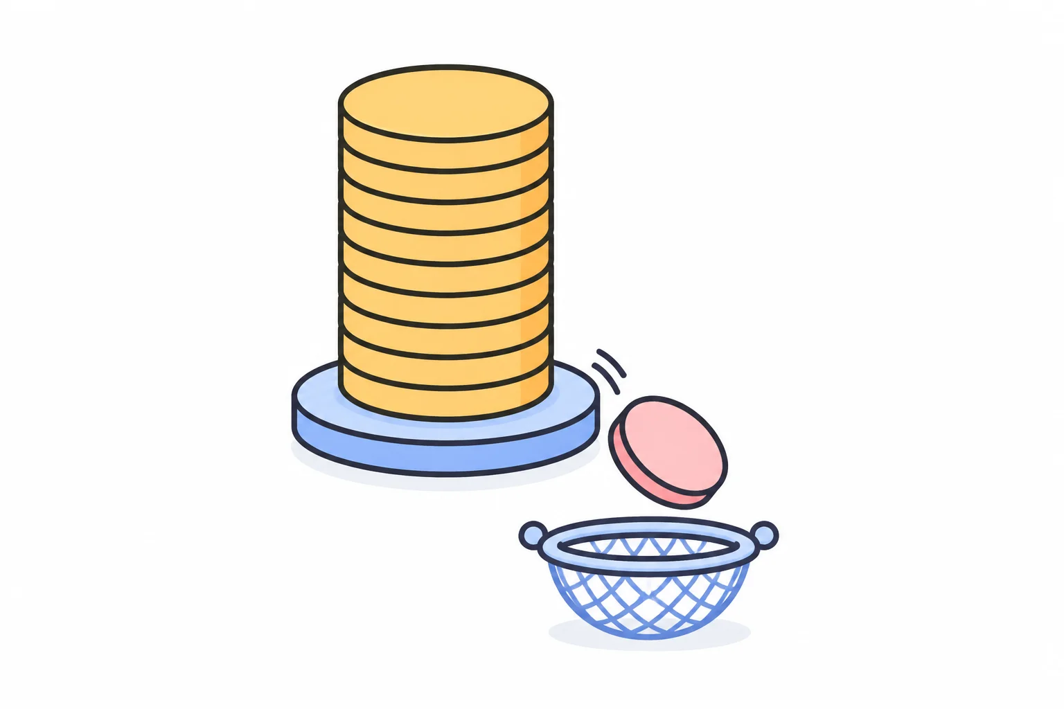 A tall stack of coins with one coin dropping into a small net