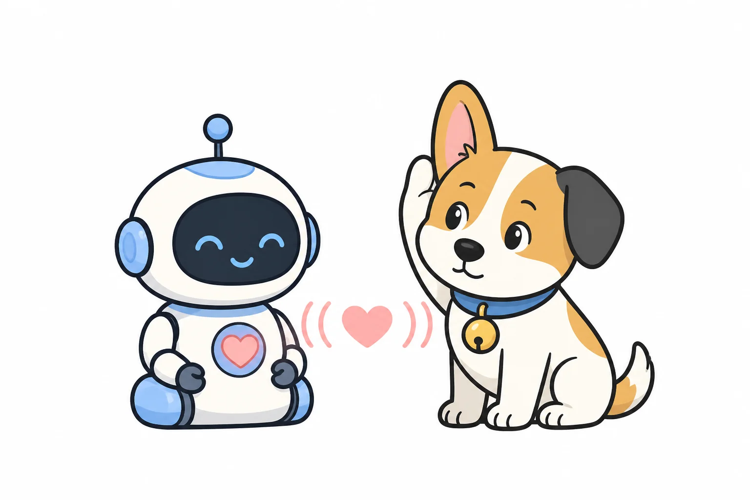 A robot with a glowing heart symbol sending a heartbeat signal to a puppy that is listening