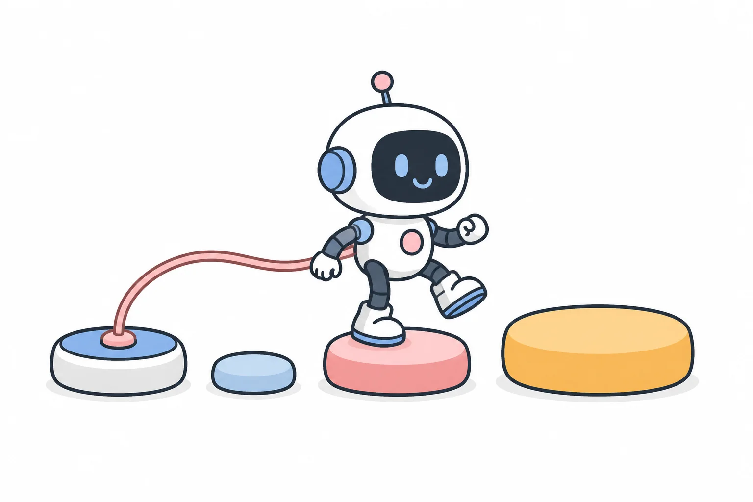 A robot stepping carefully from one stepping stone to the next while still tethered by a cord to the first one