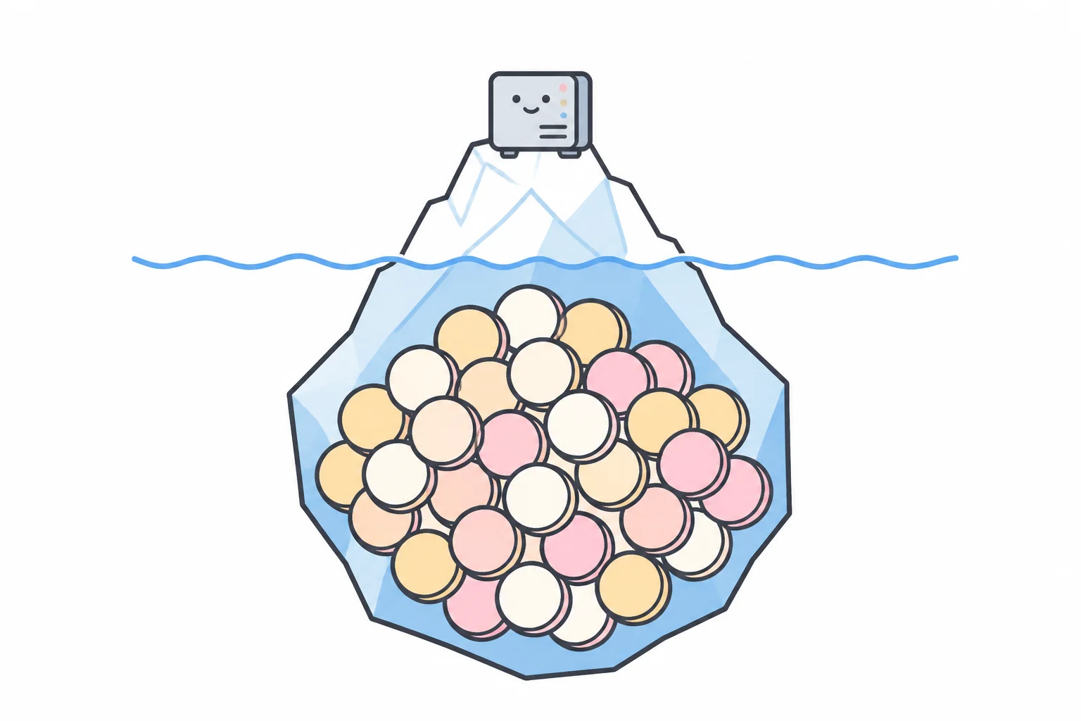 An iceberg with a tiny server box on the visible tip and a large mass of coins hidden below the waterline