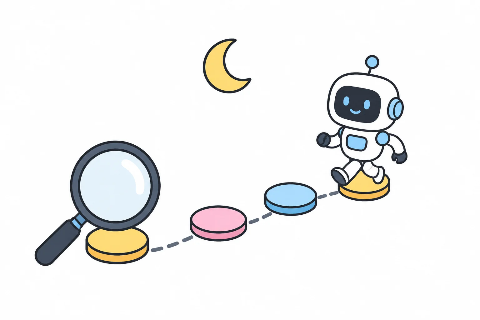 Under a crescent moon, a robot walking away leaving a trail of stepping stones, with a magnifying glass at the start of the trail