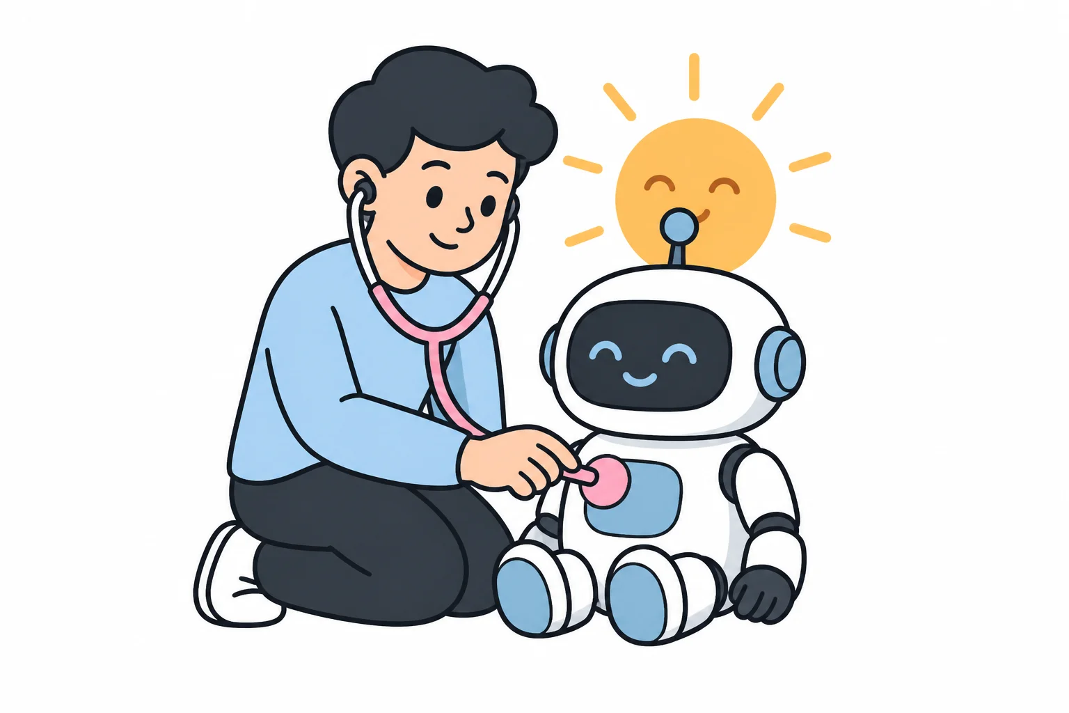 A person kneeling with a stethoscope, checking a small robot in the morning sunlight