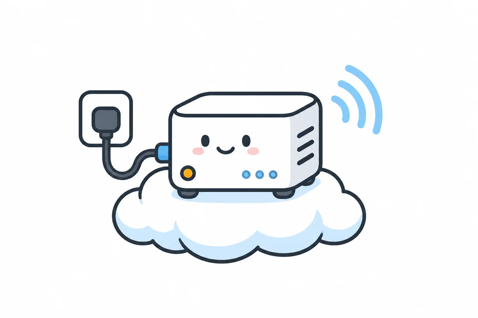 A small server box with a smiling face sitting on a cloud, plugged into a wall socket and sending a wireless signal