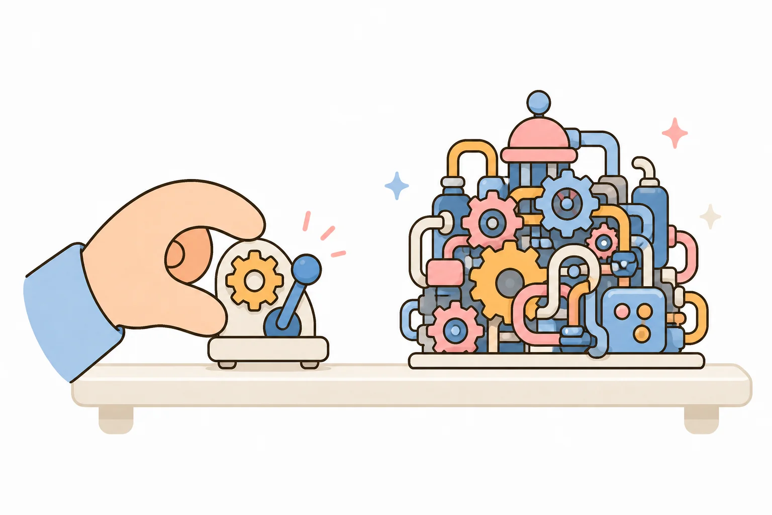 A hand picking a small simple machine from a shelf next to a large complicated one