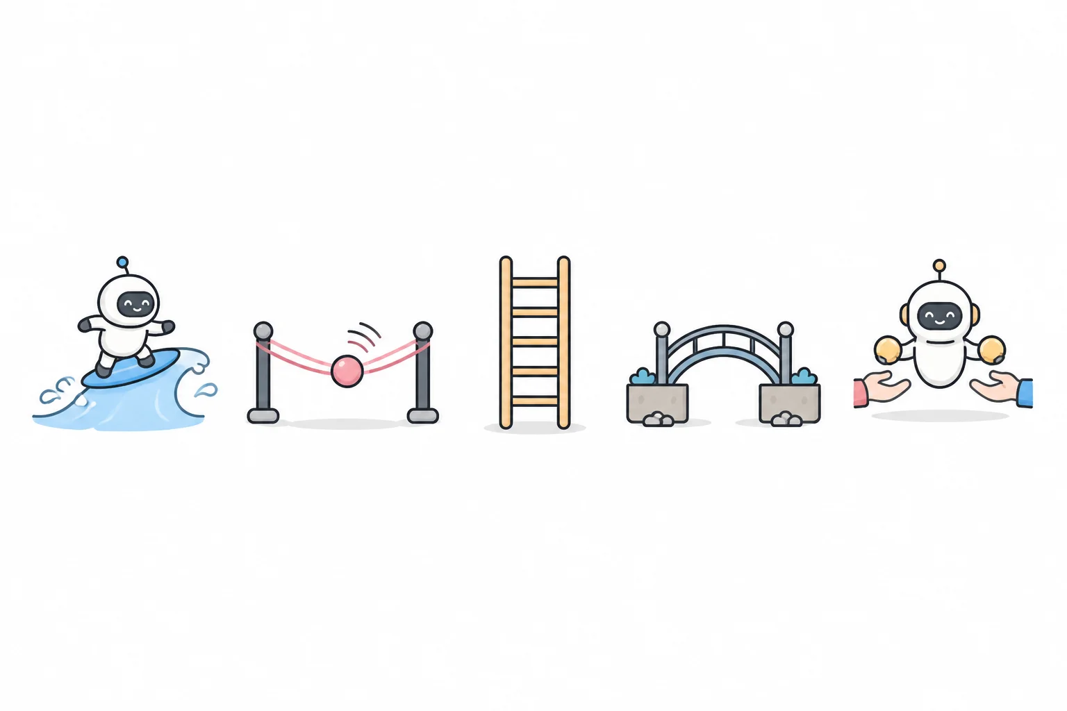 Five small scenes in a row: surfing a wave, a stretched band snapping back, a ladder, a bridge over a gap, and a robot serving both sides