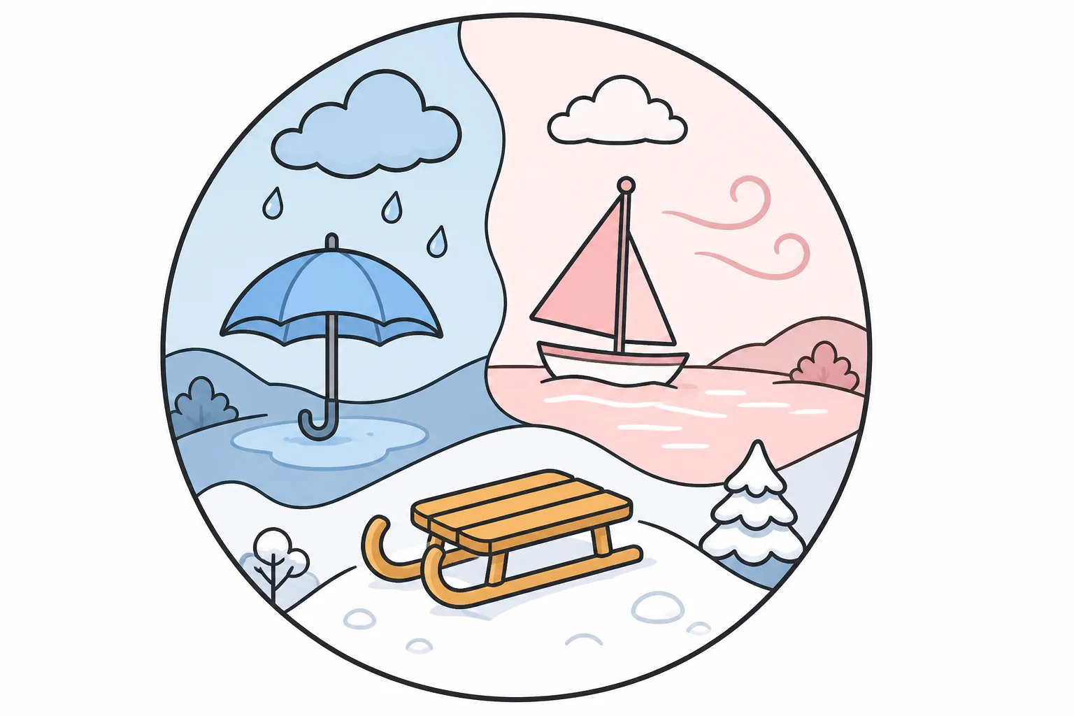 One circular scene split into weathers: an umbrella in rain, a sailboat in wind, and a sled in snow