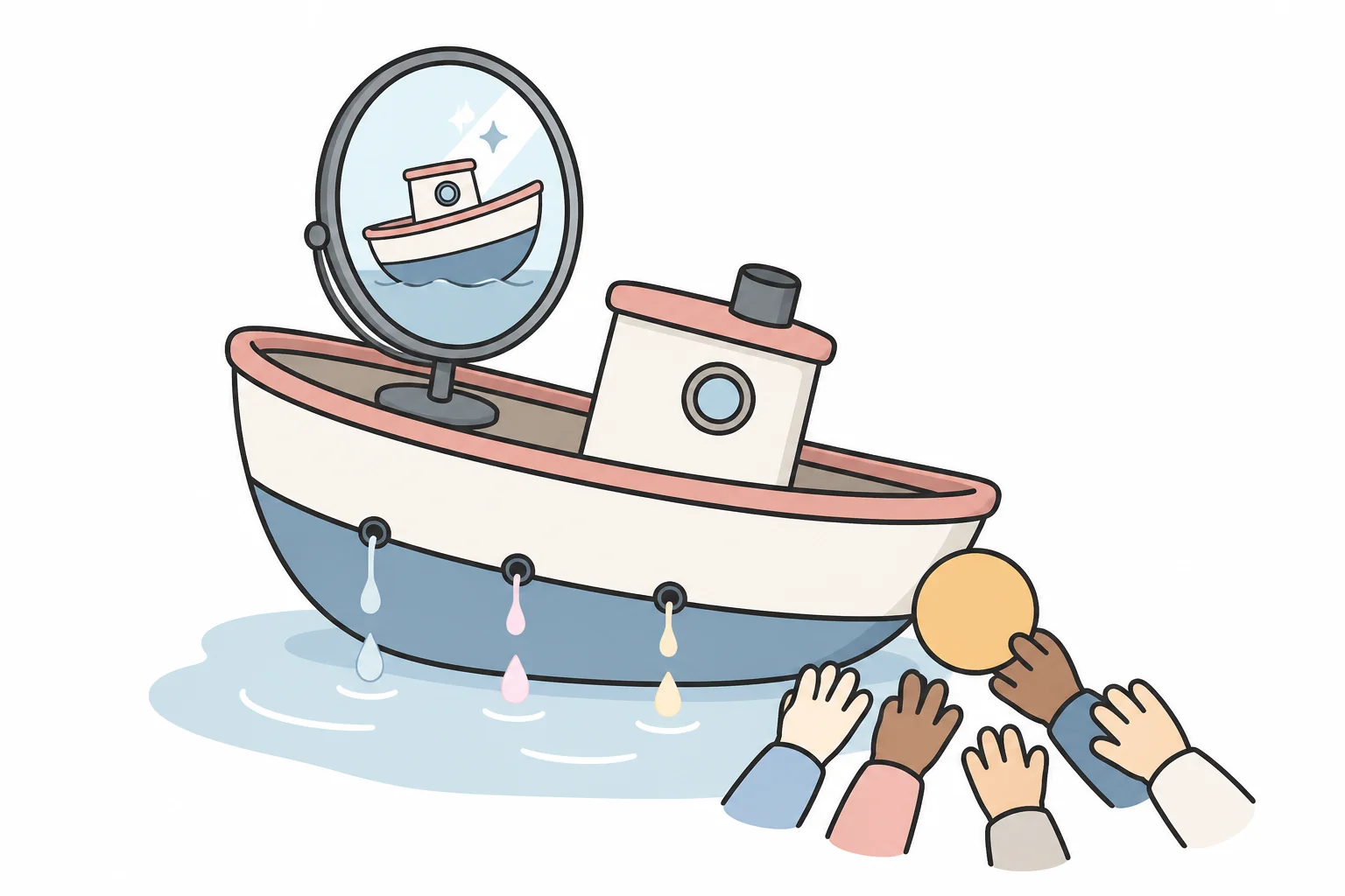 A boat with small leaks, a mirror showing a prettier boat, and many hands reaching for one coin
