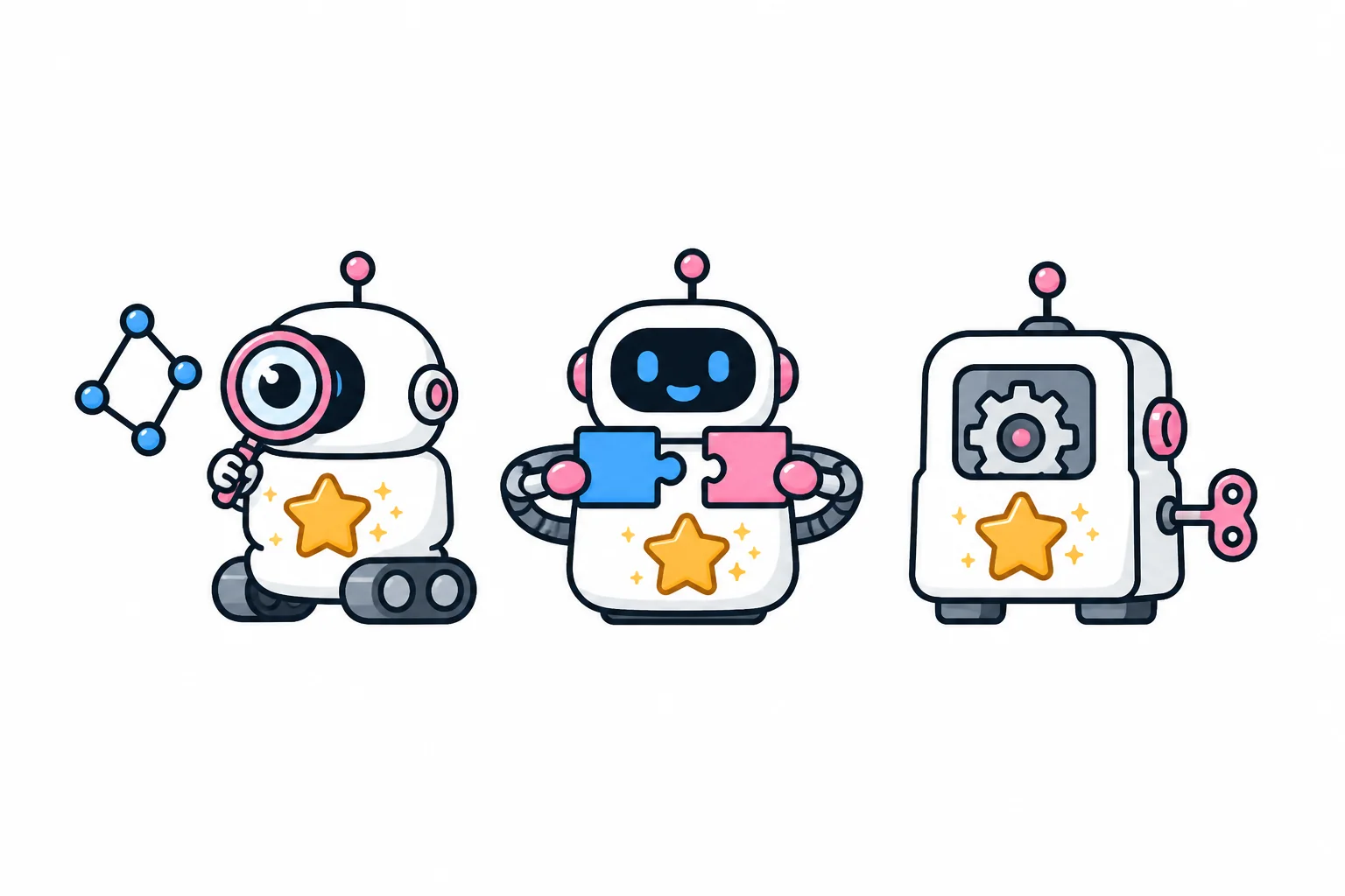 Three robots side by side: one studying patterns with a magnifying glass, one assembling puzzle pieces, and one plain wind-up machine wearing a star sticker