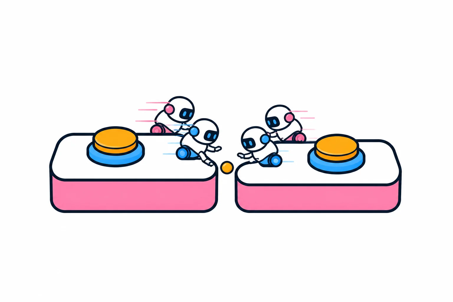 Tiny robots racing between two marketplace counters to grab a single coin sitting in the gap between them