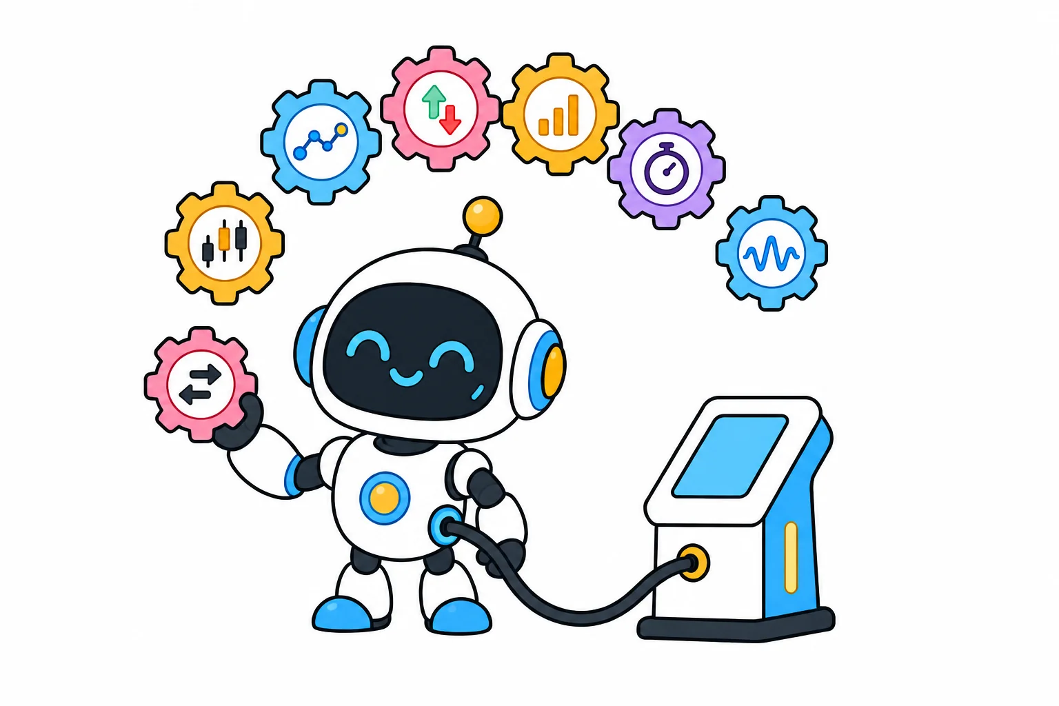 A friendly robot connected to an exchange terminal, holding up seven different gears, one for each kind of trading rule