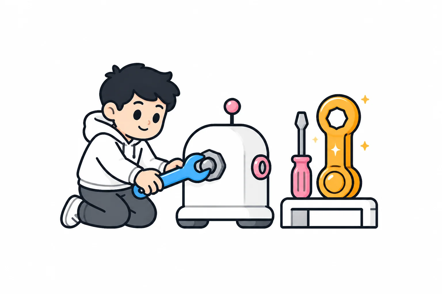 A person kneeling and carefully fitting a bot together with a wrench, choosing tools from a small toolbox