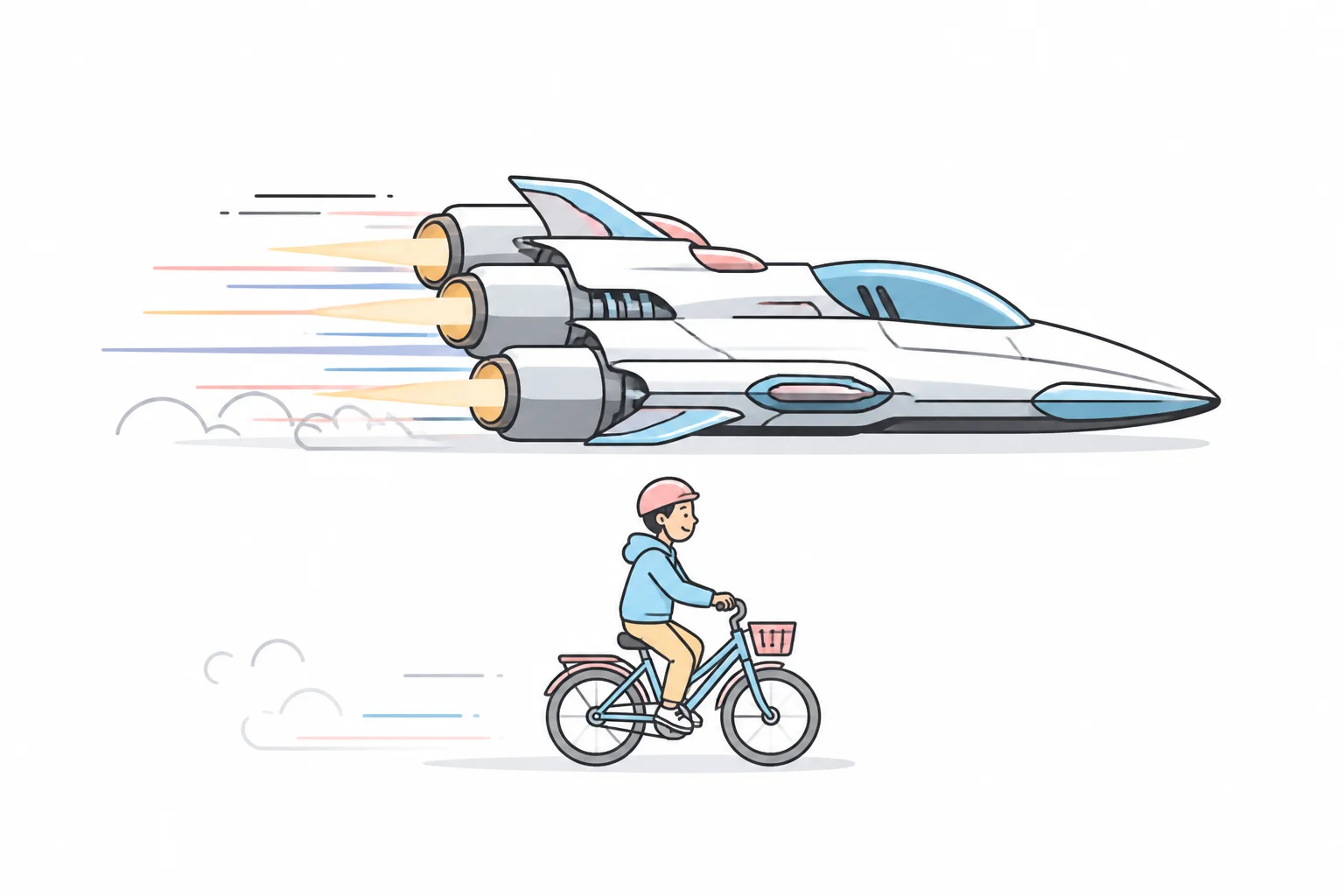 A rocket-powered jet racing overhead while a person calmly rides a bicycle below