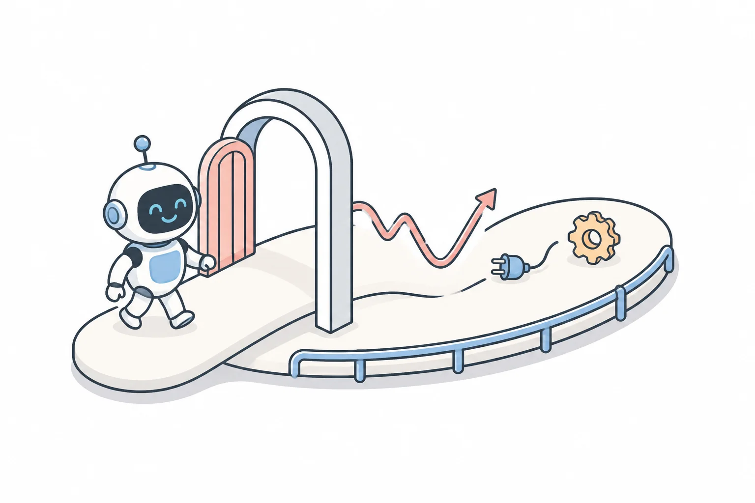 A robot stepping through an open gate onto a path marked with small hazards