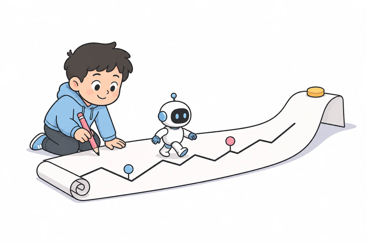 A beginner drawing a price line on paper while a tiny robot walks along it