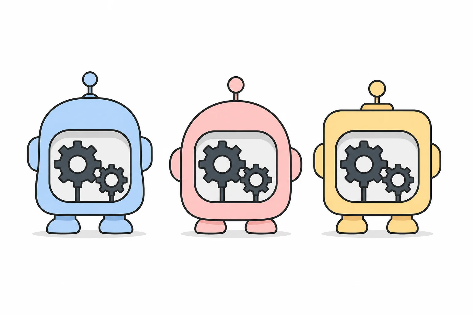 Three robots in different colors and shapes, all containing the same gears