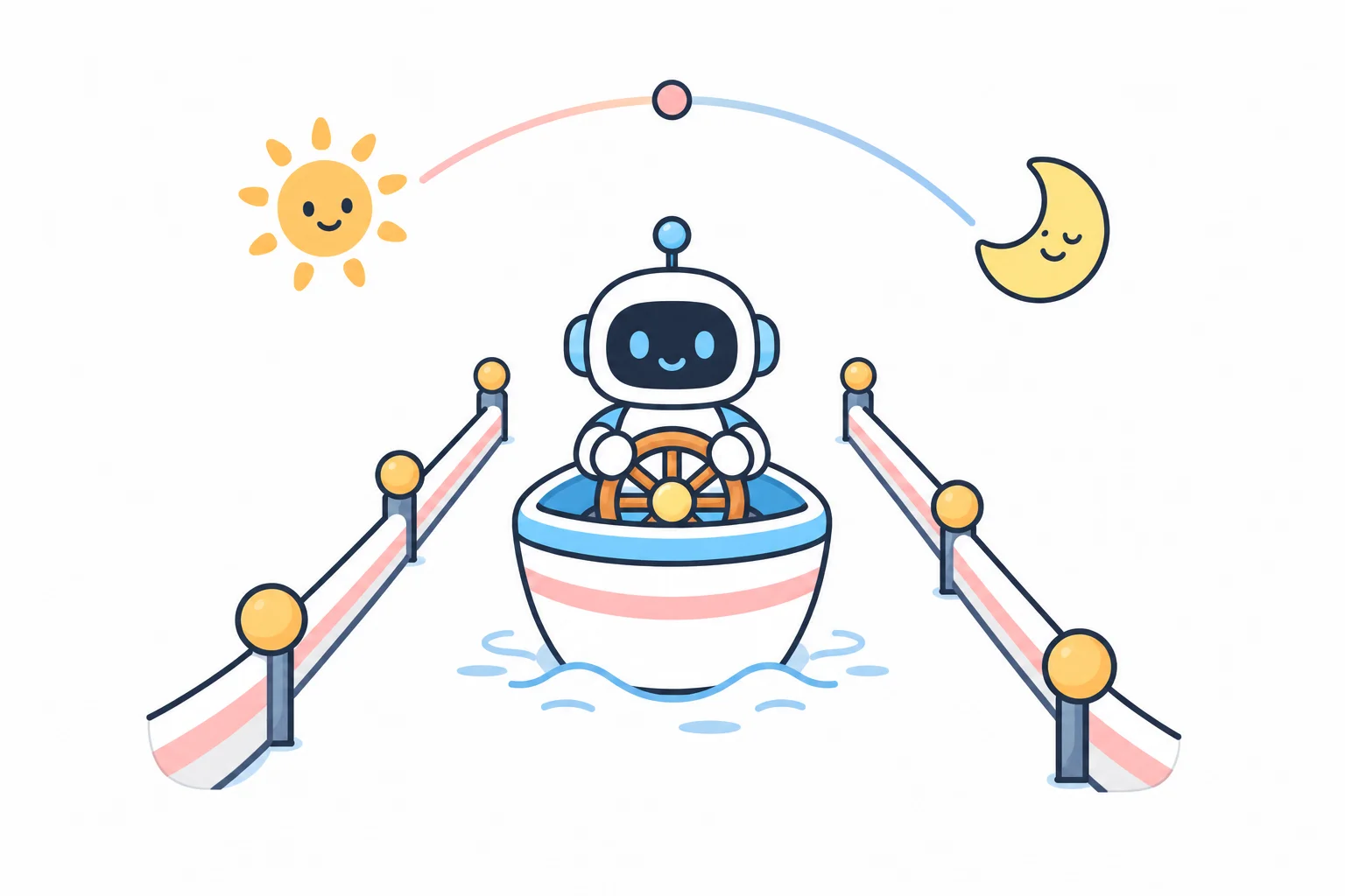 A robot steering a small boat along a course marked with guide rails, under a sun-to-moon arc